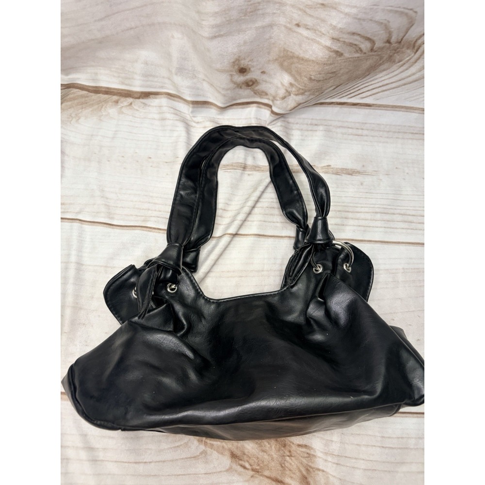 Y2K Black Slouch Mini Hobo Shoulder Bag Knot Strap Soft Faux Leather Purse